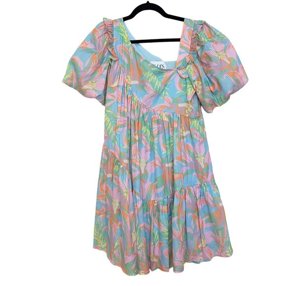 Alden Adair $328 Boho Mini Dress Puff Sleeve Asymmetric Neck Shift Chandler XS - Picture 2 of 9